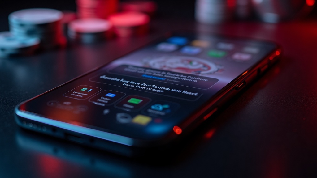 Smartphone con schermate di download app su sfondo casinò scuro