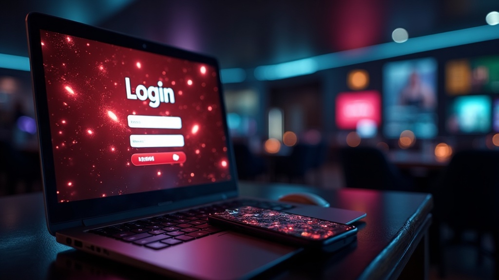 Login mostrato su desktop e smartphone in un ambiente casino scuro