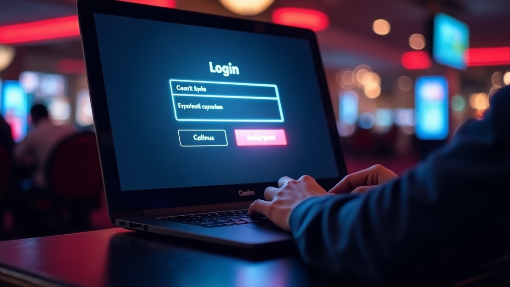 Interfaccia login in un casinò digitale scuro con luce neon