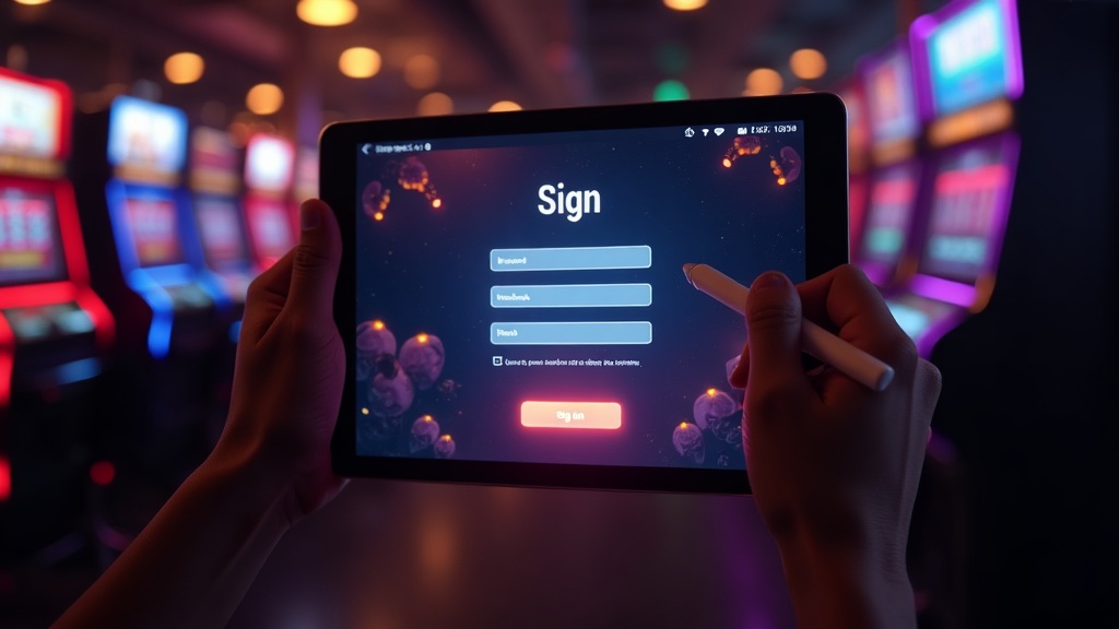 Modulo di registrazione su tablet in un ambiente casino illuminato al neon